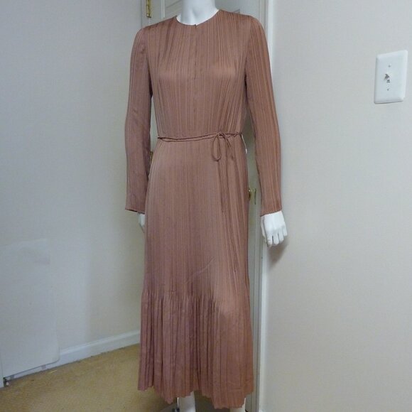 Vince Pleated Satin Long-Sleeve Midi Dress - Picture 7 of 11